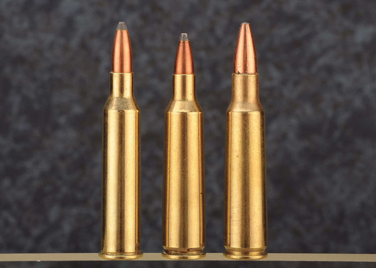 The 225 Winchester (left) was quickly overshadowed by the 22-250 Remington (center), itself an offshoot of the 250-3000 Savage (right).